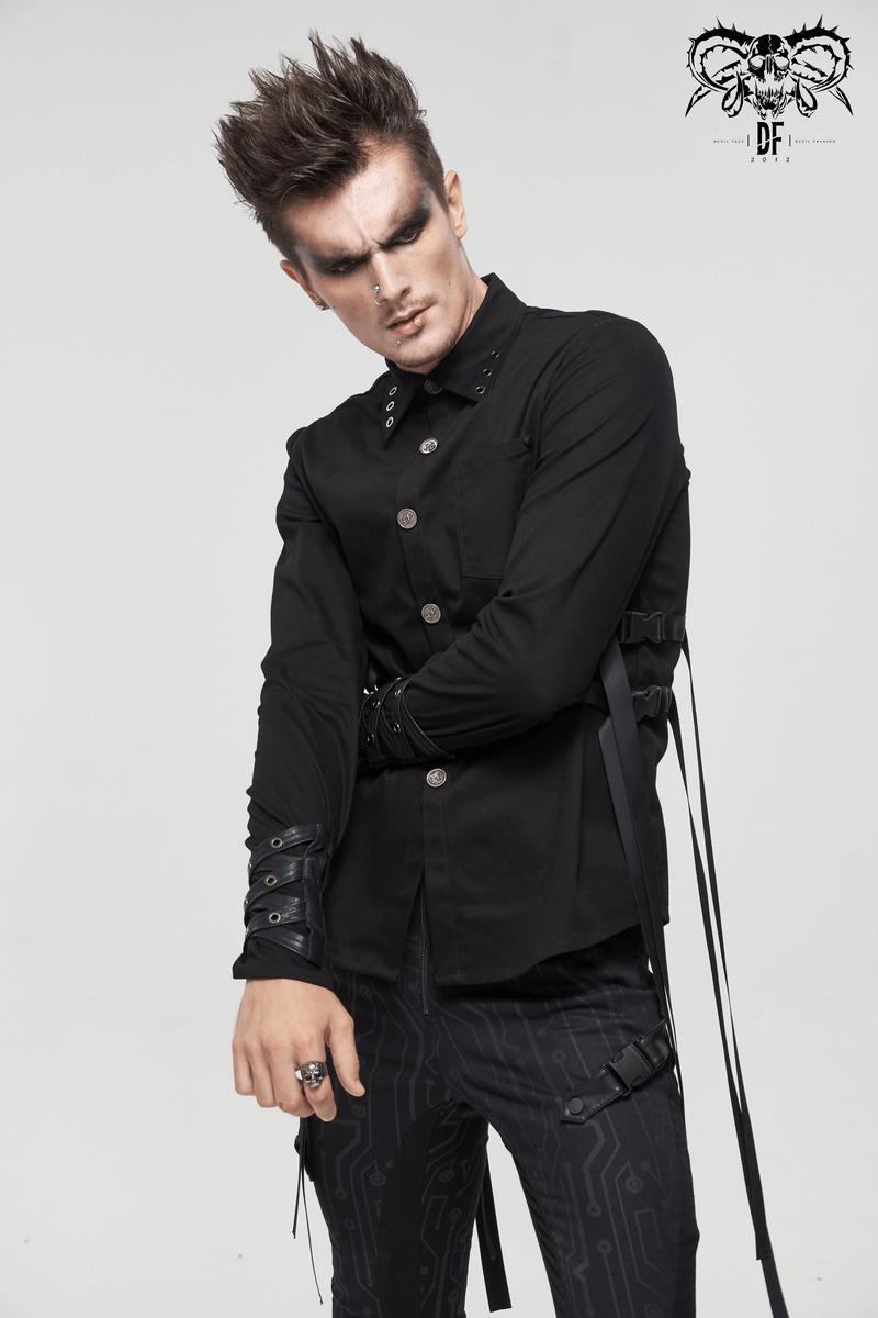 Stylish punk long sleeve black shirt for men with nylon straps and buckles, showcasing a modern punk look.