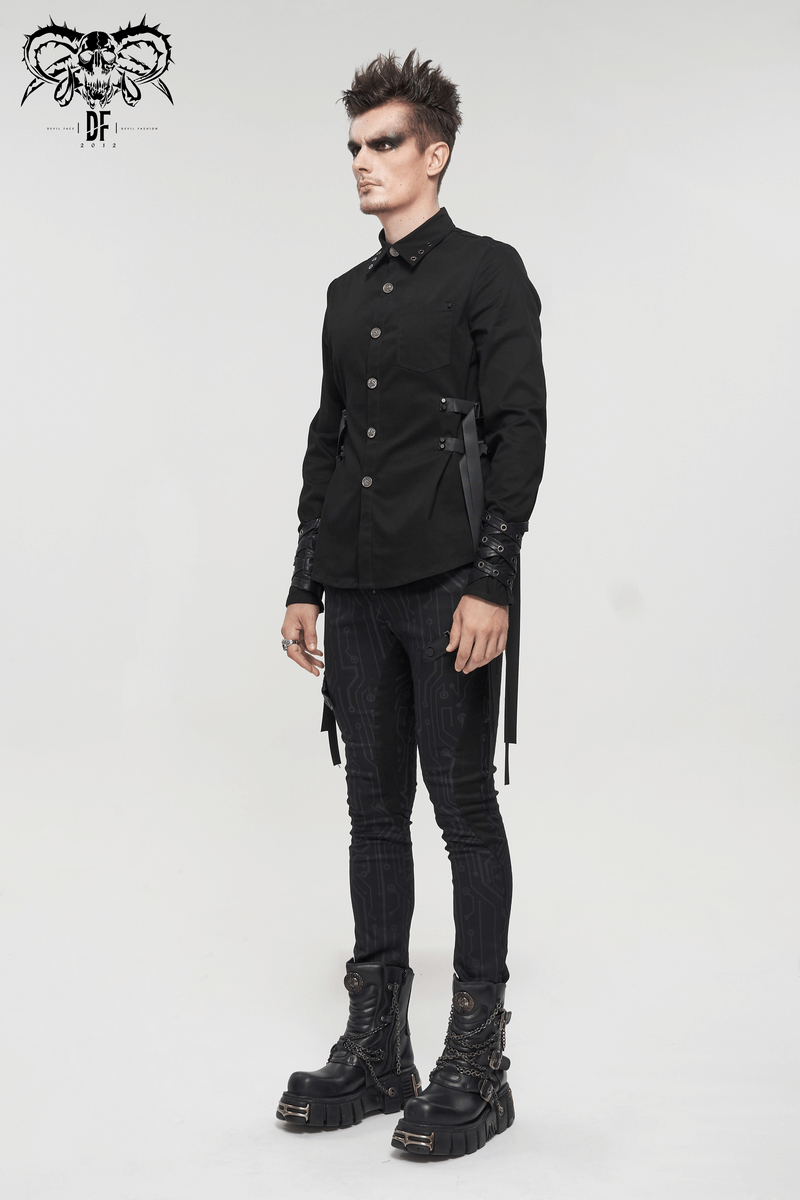 Stylish men's black long sleeve punk shirt with nylon straps and buckles, perfect for a fashionable statement.