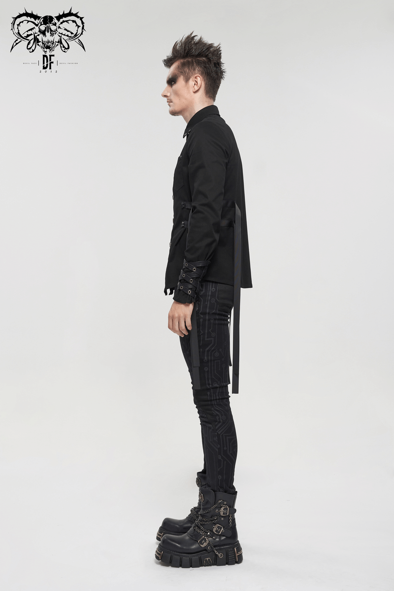 Side view of a stylish men's punk long sleeve black shirt featuring nylon straps and buckles, paired with edgy black pants.