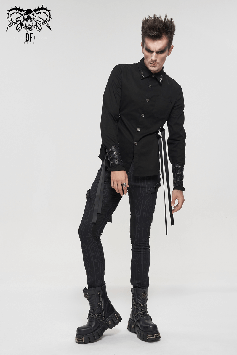 Stylish punk long sleeve shirt for men in black with nylon straps and buckles, paired with edgy pants and boots.