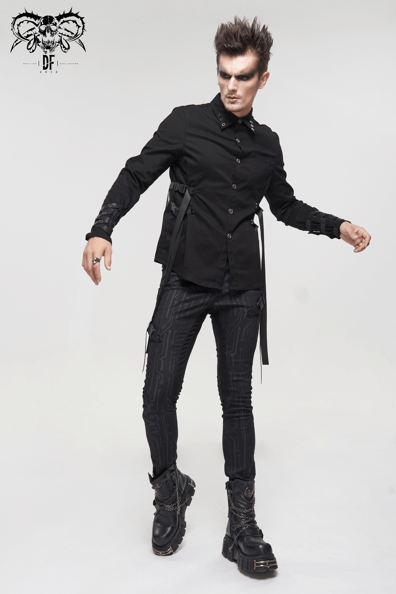 Stylish punk long sleeve black shirt for men with nylon straps and buckles, perfect for a bold fashion statement.