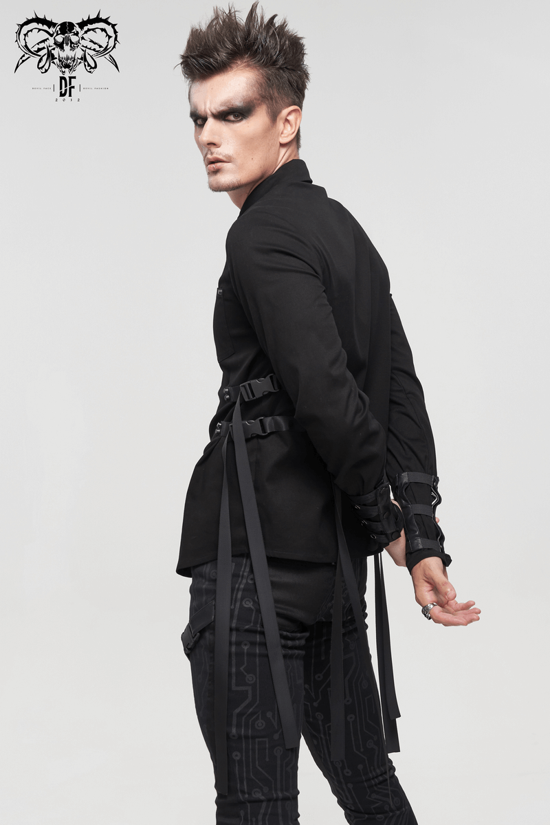 Stylish punk long sleeve black shirt for men with nylon straps and buckles, showcasing modern fashion.