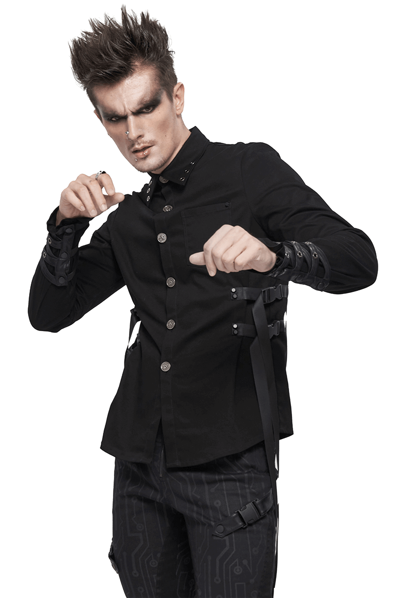 Stylish Punk Long Sleeve Shirt for Men / Male Black Shirts with Nylon Straps & Buckles on Both Sides - HARD'N'HEAVY