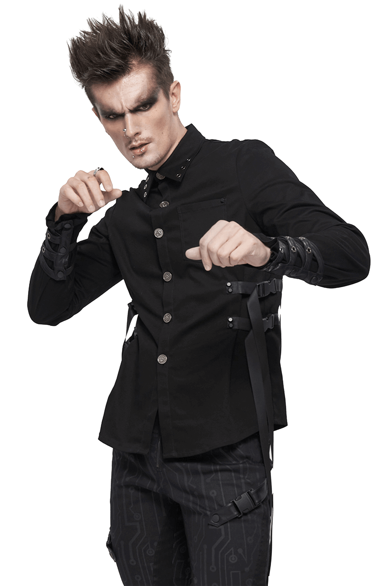 Stylish punk long sleeve black shirt for men with nylon straps and buckles, showcasing a bold fashion statement.
