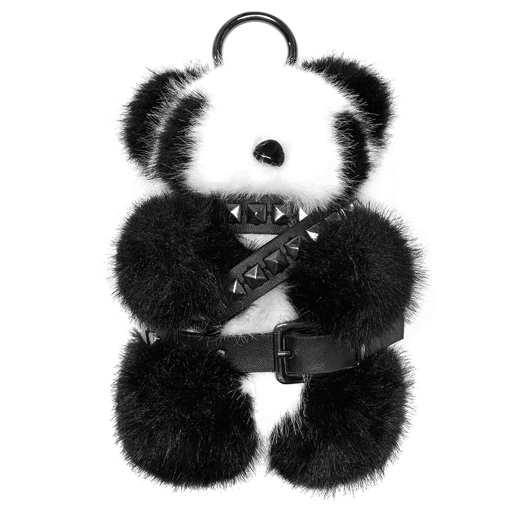 Stylish punk panda faux fur keychain with studded detail, featuring playful plush design and secure buckle for easy attachment.