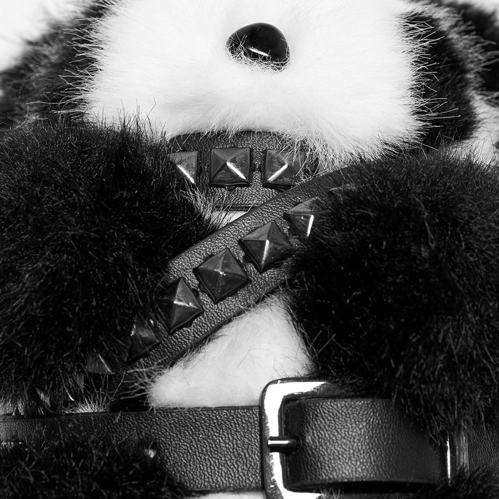 Stylish punk panda keychain close-up with studded straps and faux fur detail, perfect for edgy accessory lovers.