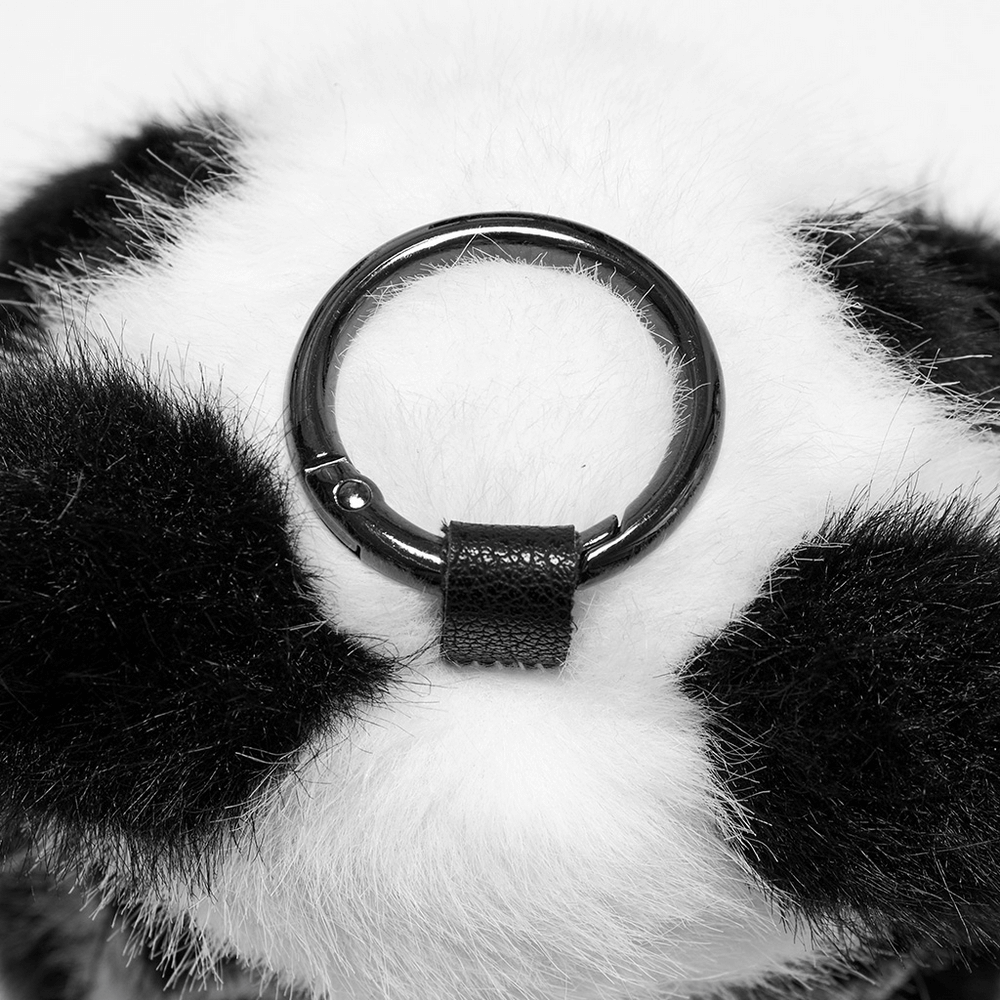 Close-up of the stylish punk panda faux fur keychain's buckle and keyring, showcasing its edgy design and playful texture.