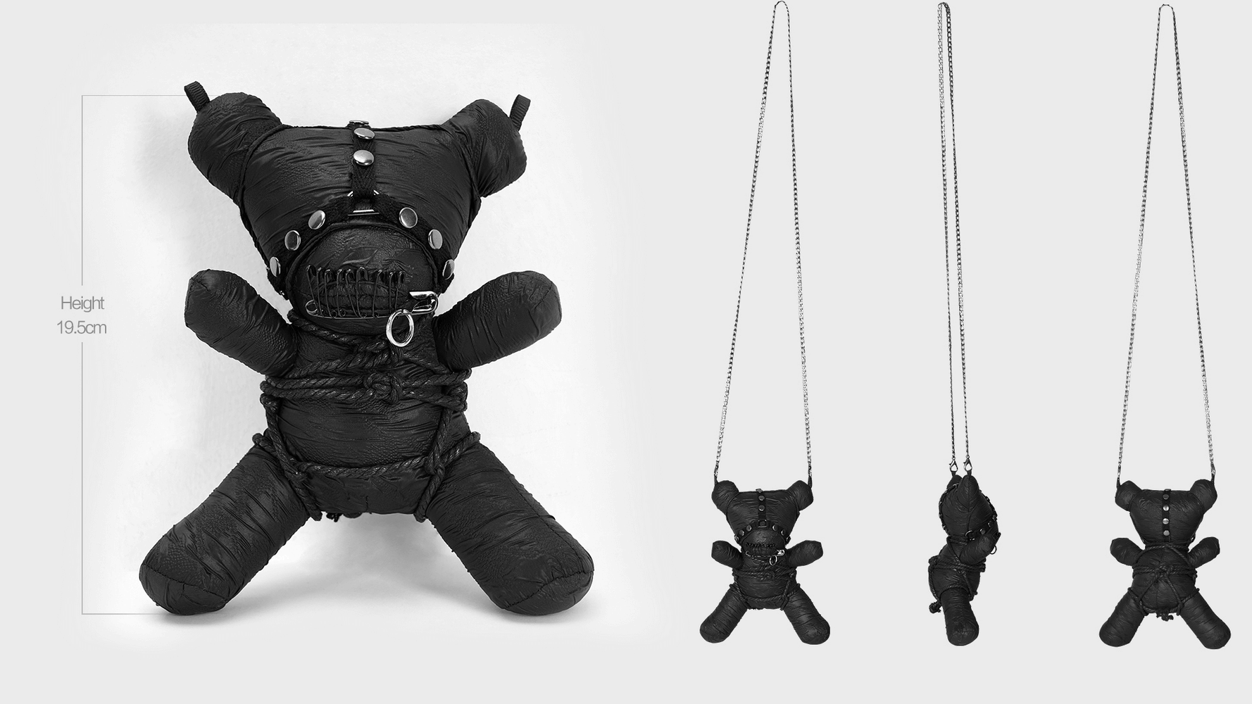 Stylish Gothic Taboo Bear plush in black with detachable chain, perfect for punk rave decor or fashion statement.