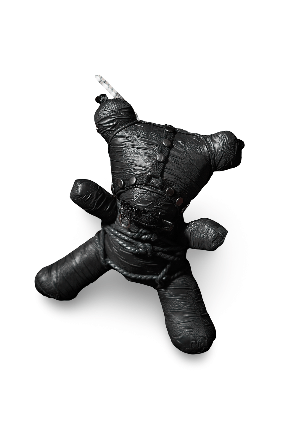 Gothic Taboo Bear plush in black with textured fabric and detachable chain for dark decor or edgy fashion.