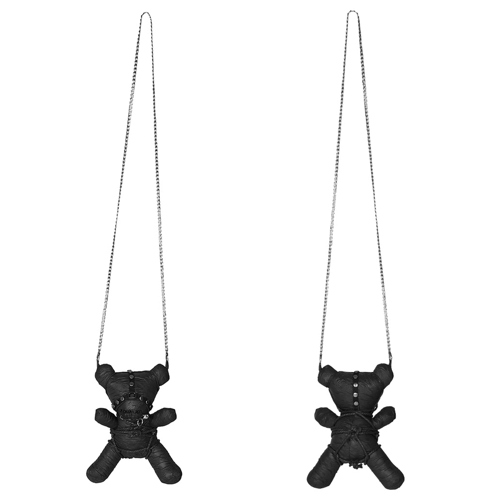 Stylish punk gothic bear plush with detachable chain, perfect for dark decor or edgy fashion.