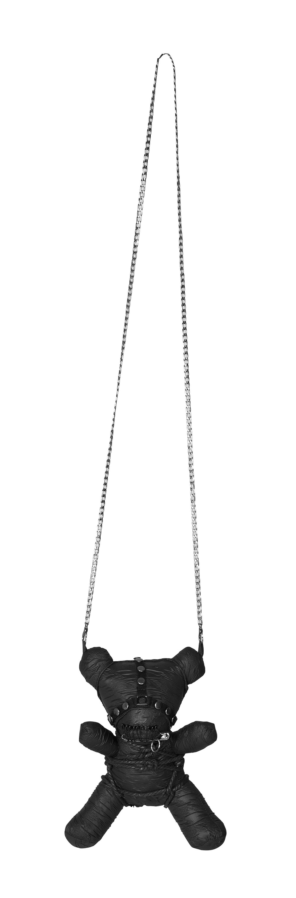 Gothic Taboo Bear plush with detachable chain for edgy home decor or fashion statement, featuring black textured design.