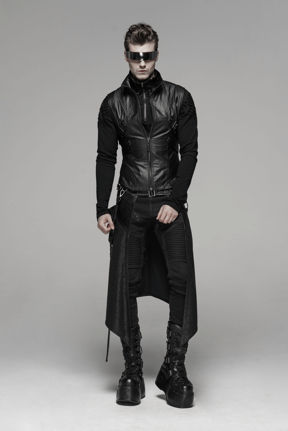 Stylish punk men in black leather outfit showcasing edgy fashion with a half kilt skirt for a standout look.