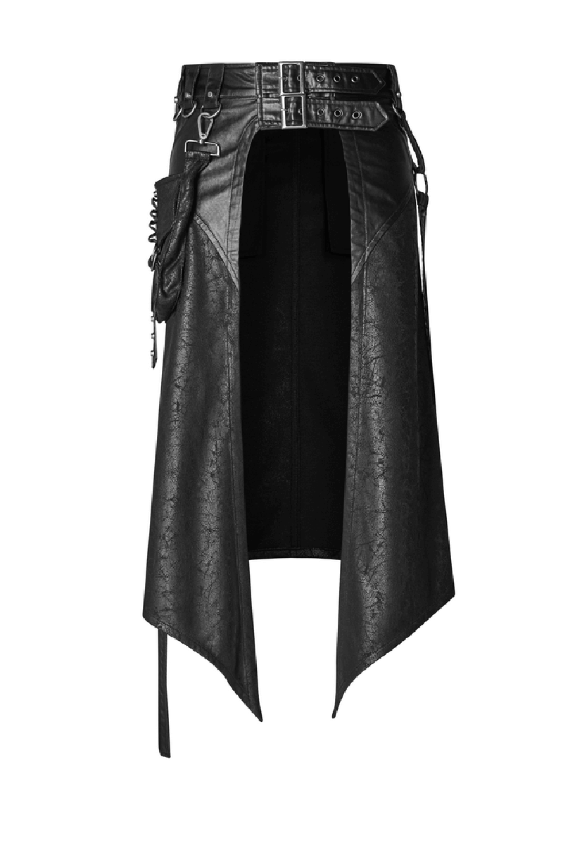 Stylish black dieselpunk half kilt skirt with adjustable buckles and removable pocket for edgy fashion.
