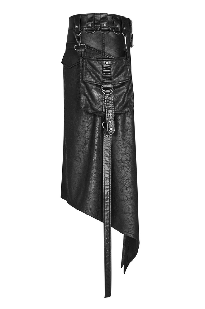 Stylish punk men's dieselpunk half kilt skirt in black with adjustable buckles and removable side pocket.