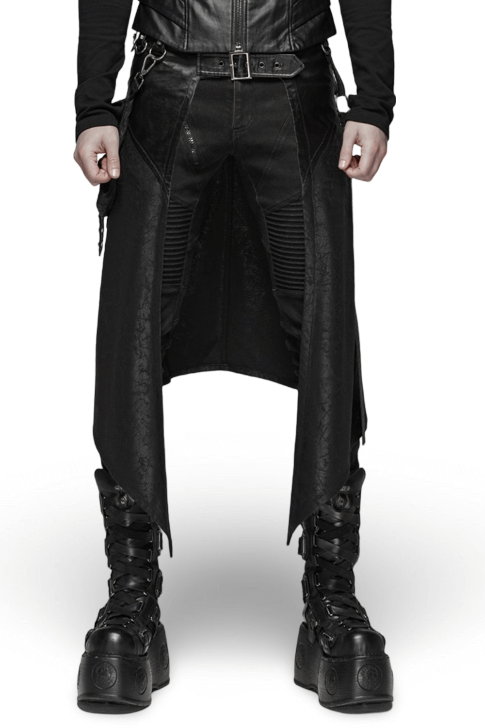 Stylish punk men's dieselpunk half kilt skirt with adjustable buckles and edgy design, perfect for festivals.