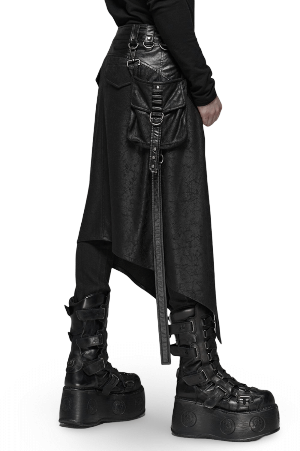 Side view of a stylish punk men's dieselpunk kilt skirt with adjustable buckles and practical side pocket.