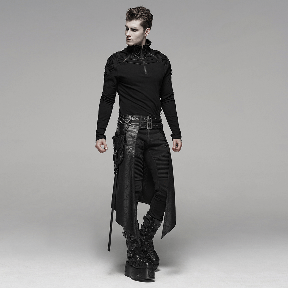 Stylish punk man wearing a black dieselpunk half kilt skirt, exuding edgy rockstar vibes for festivals.