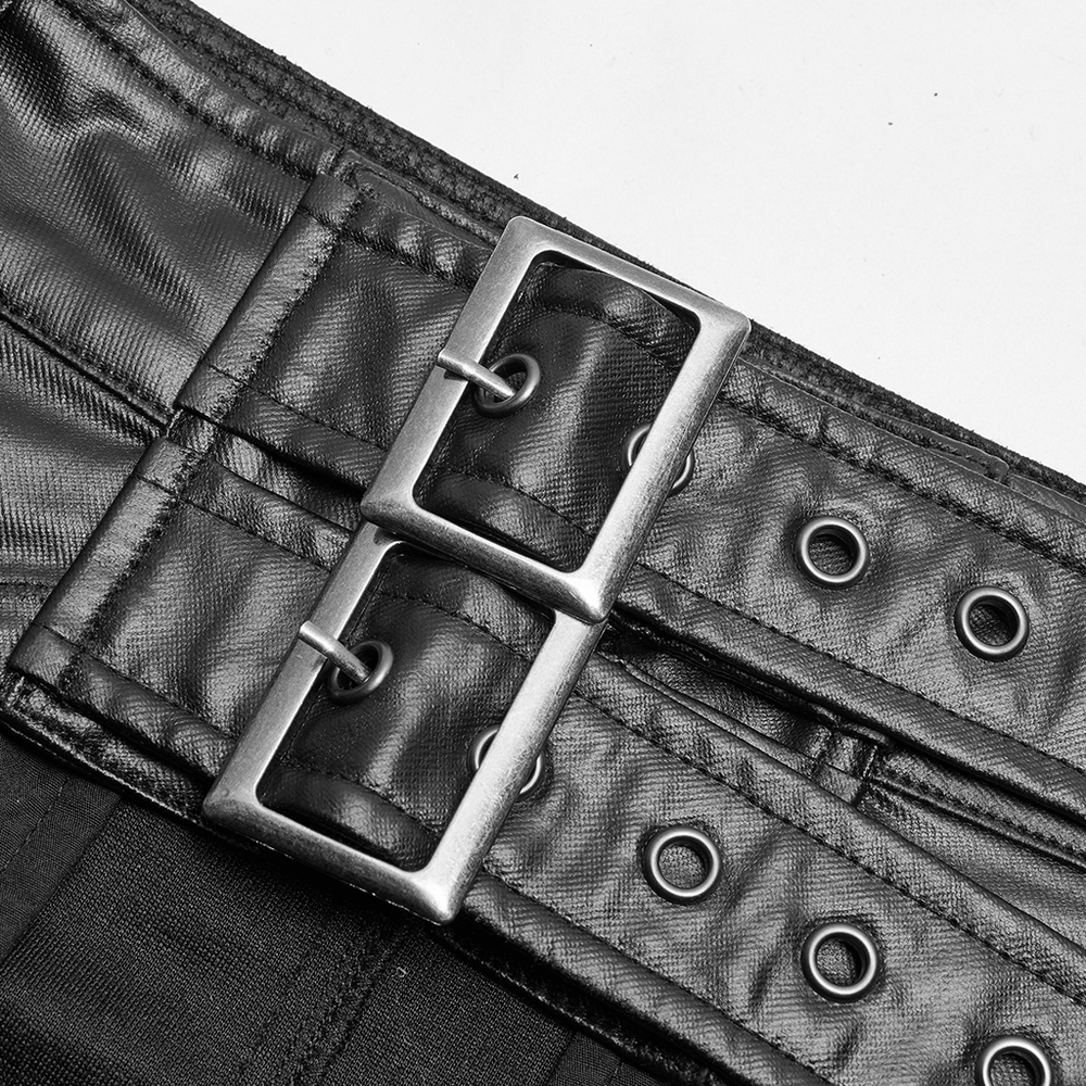 Close-up of adjustable buckles on the Stylish Punk Rave Men's Dieselpunk Half Kilt Skirt, emphasizing edgy design.