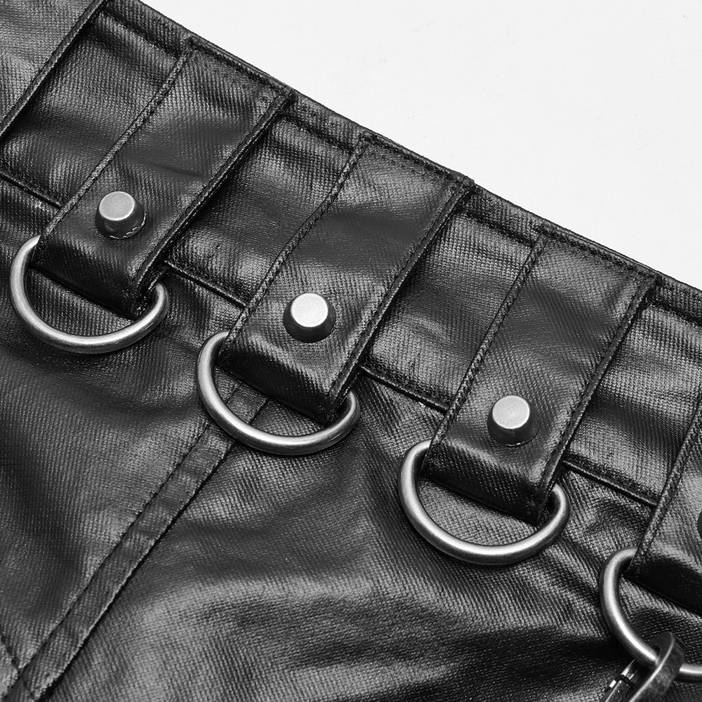 Close-up of adjustable buckles and metal rings on stylish punk men's half kilt skirt for edgy fashion.