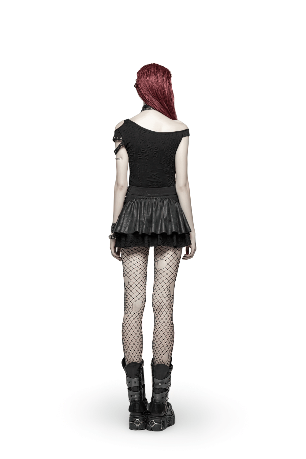 Back view of a model in a stylish punk rave mini skirt with ruffles and lace, paired with fishnet tights and chunky boots.