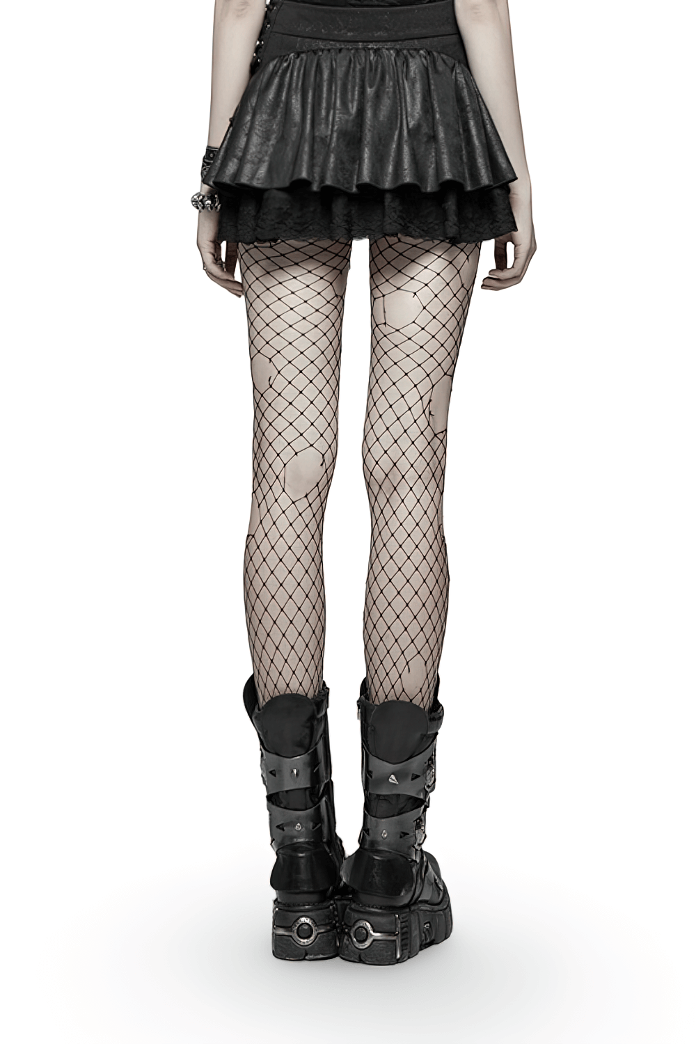 Rear view of a model in a stylish punk rave mini skirt, wearing fishnet tights and chunky combat boots.