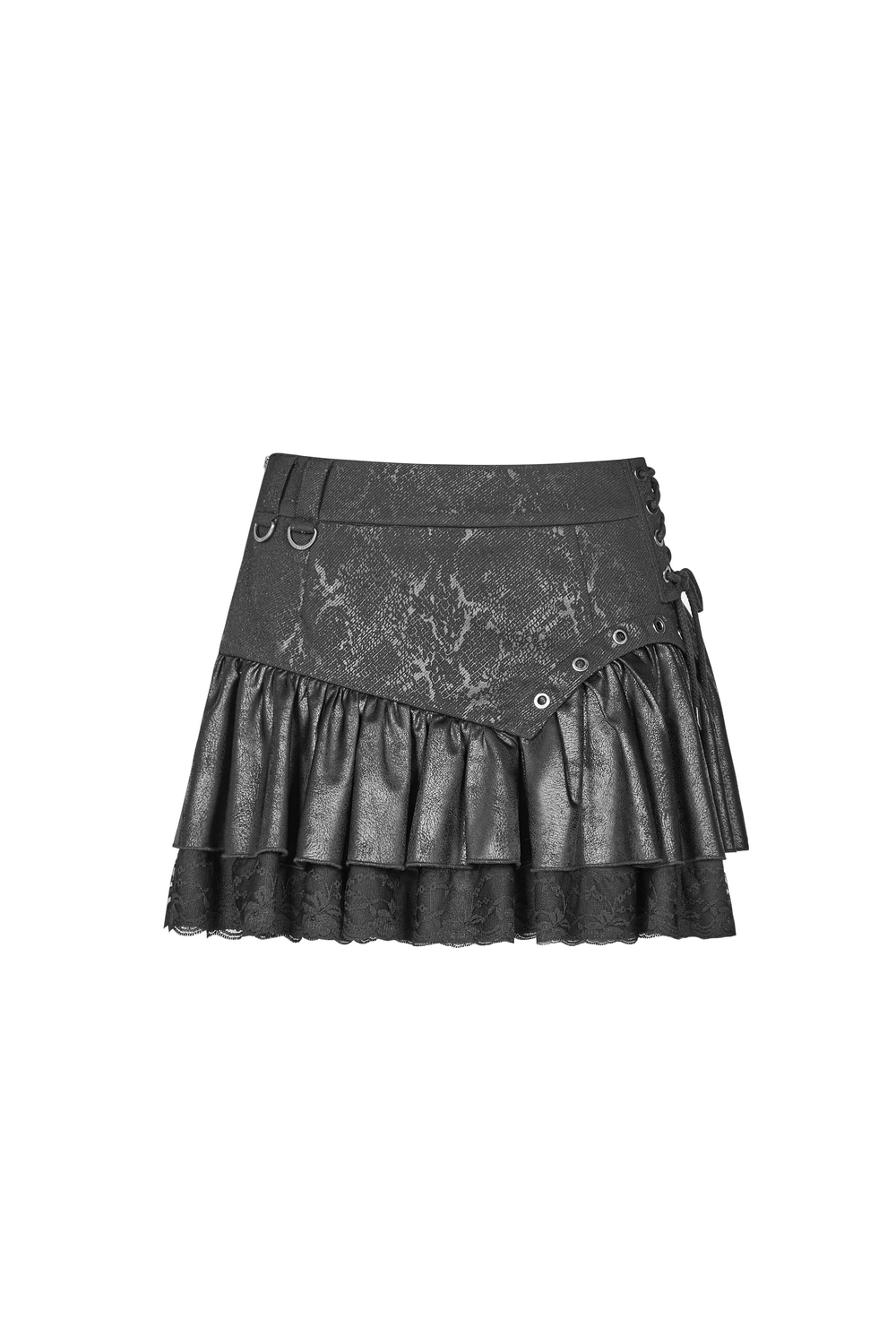 Stylish punk rave mini skirt with ruffles and lace, featuring faux leather and metal accents.