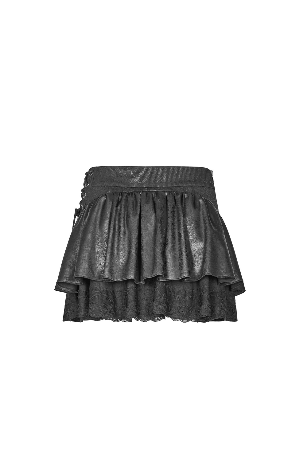 Stylish punk rave mini skirt with ruffles and lace trim for a rock-inspired look.