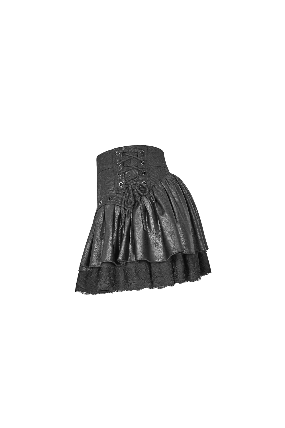 Stylish black punk rave mini skirt with ruffles and lace trim, featuring a high-waisted fit and lace-up front.