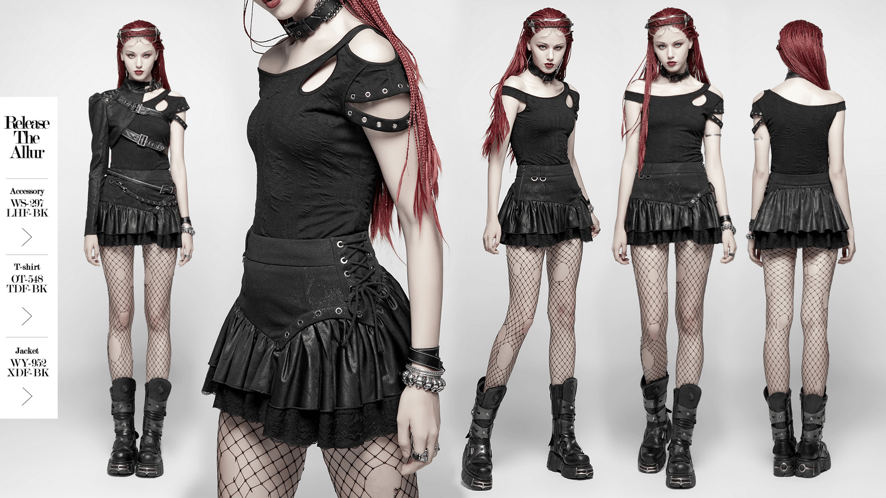 Edgy punk rave mini skirt with ruffles and lace, worn by model showcasing fierce style and rock-inspired fashion.