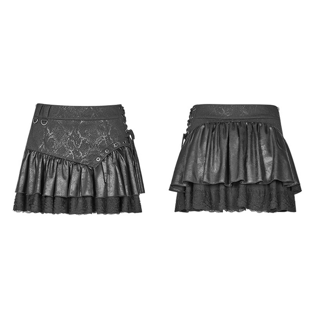 Stylish punk rave mini skirt featuring ruffles, lace trim, and metal eyelets for an edgy look.