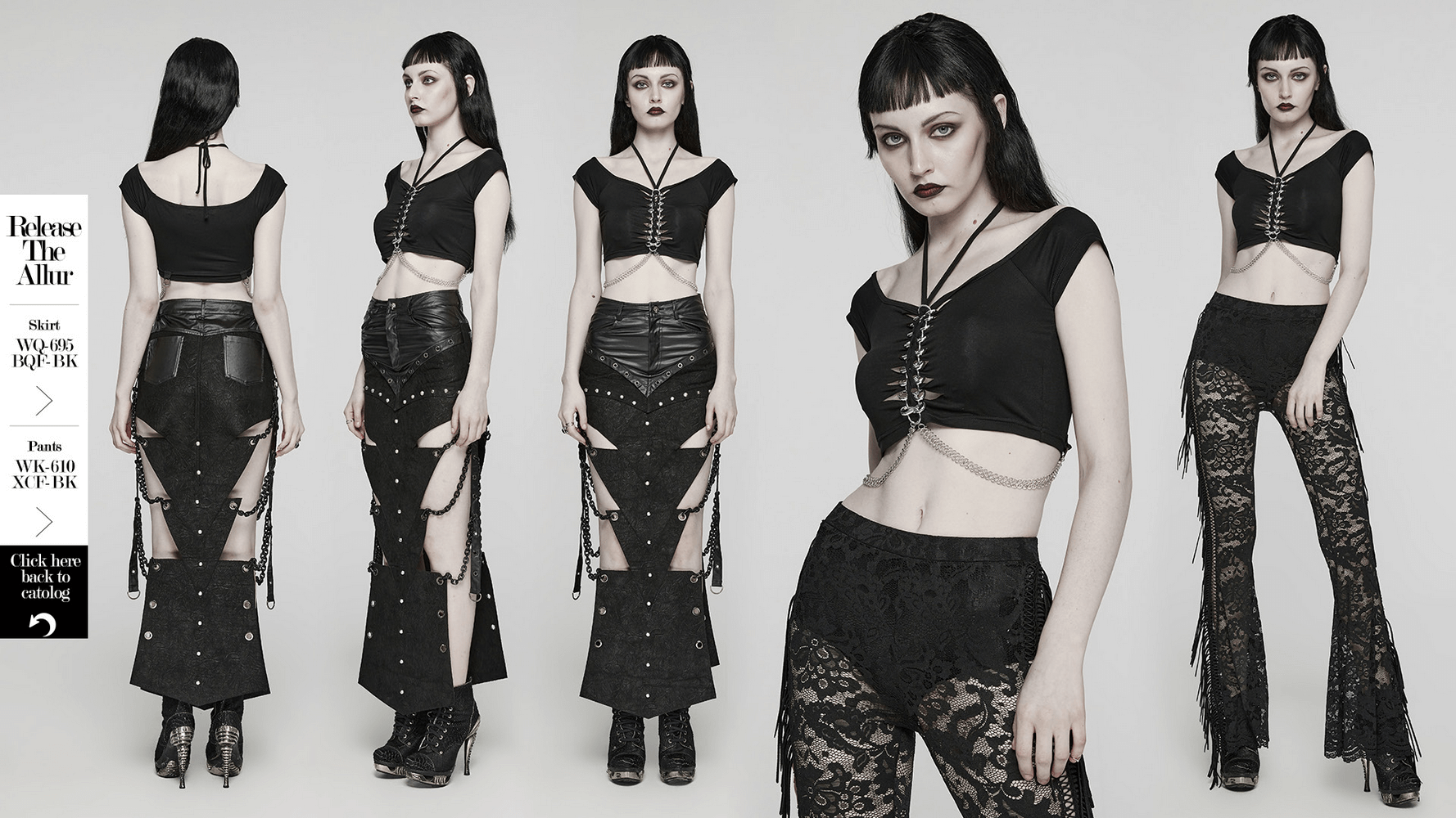 Edgy punk-rock style with halter neck crop top, faux leather pants, and unique lace details, perfect for bold fashion.