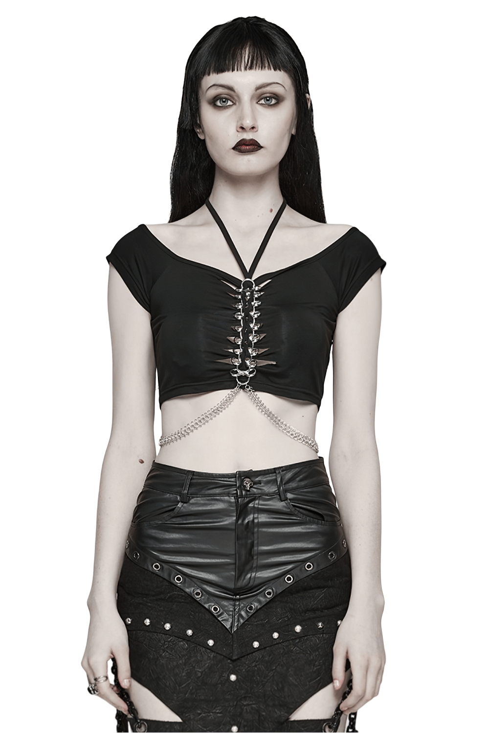 Stylish punk-rock black crop top with chain details and halter neck design, perfect for edgy fashion lovers.