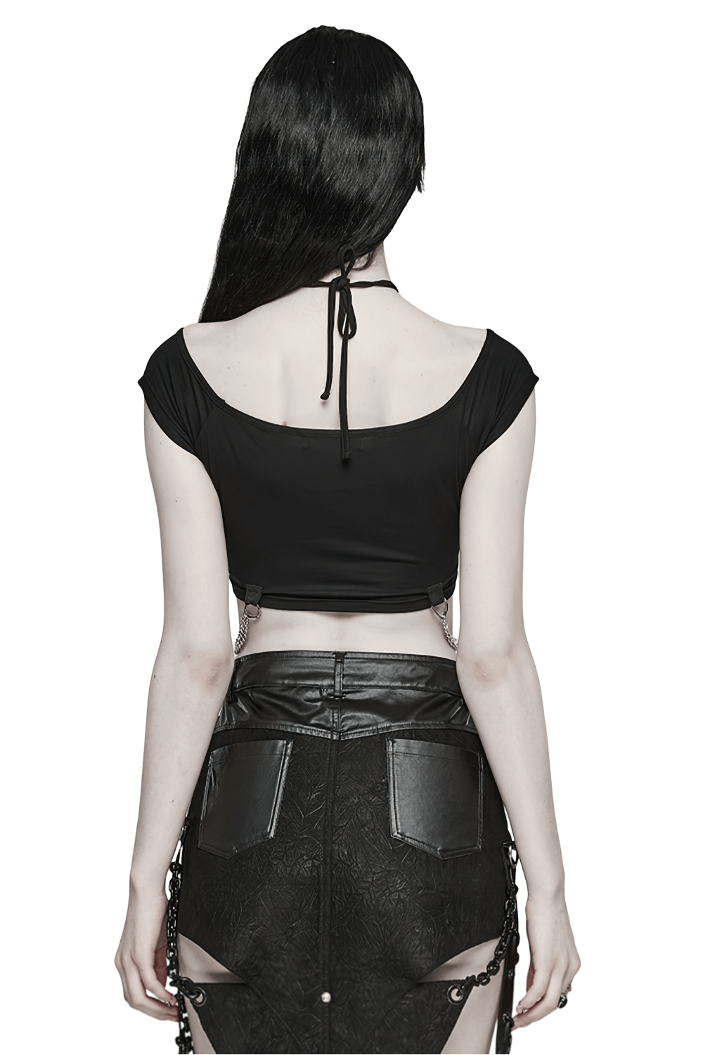 Back view of stylish punk-rock black crop top with chains and halter neck, showcasing edgy design details.