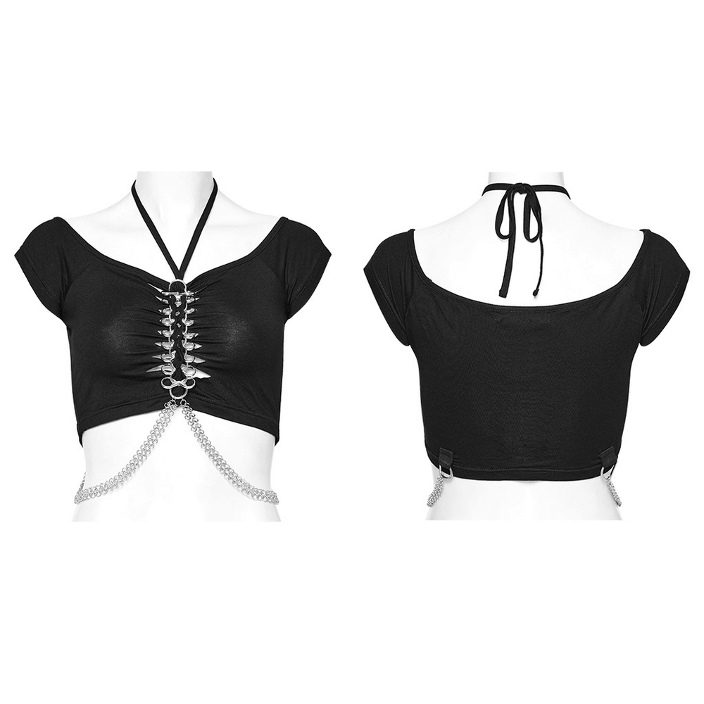 Stylish punk-rock black crop top with chain detail and halter neck design. Perfect for edgy fashion lovers.