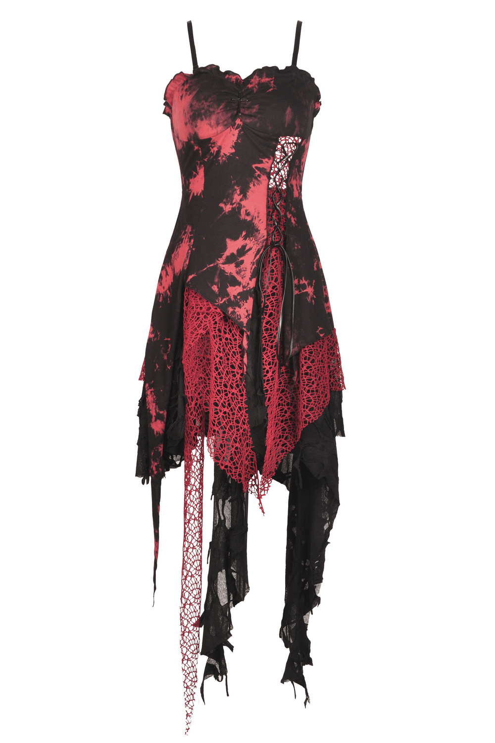 Stylish punk rock dress in fiery red with irregular hem and edgy net detailing, perfect for concerts and making a statement.