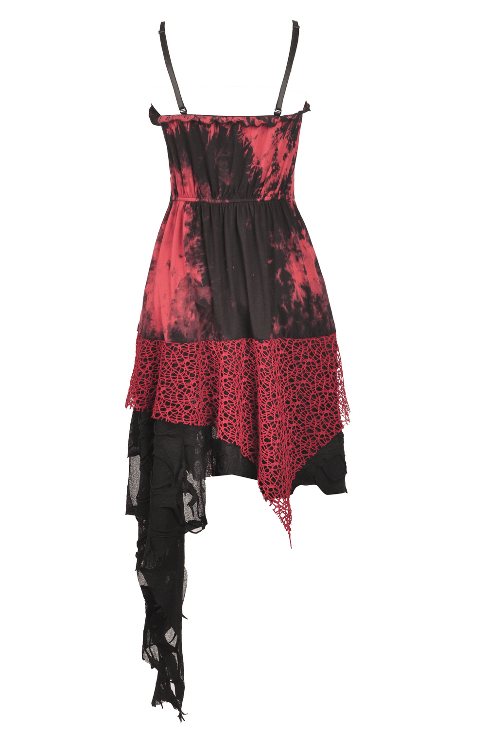 Stylish punk rock dress in fiery red and black with irregular hem and edgy net details, perfect for concerts.