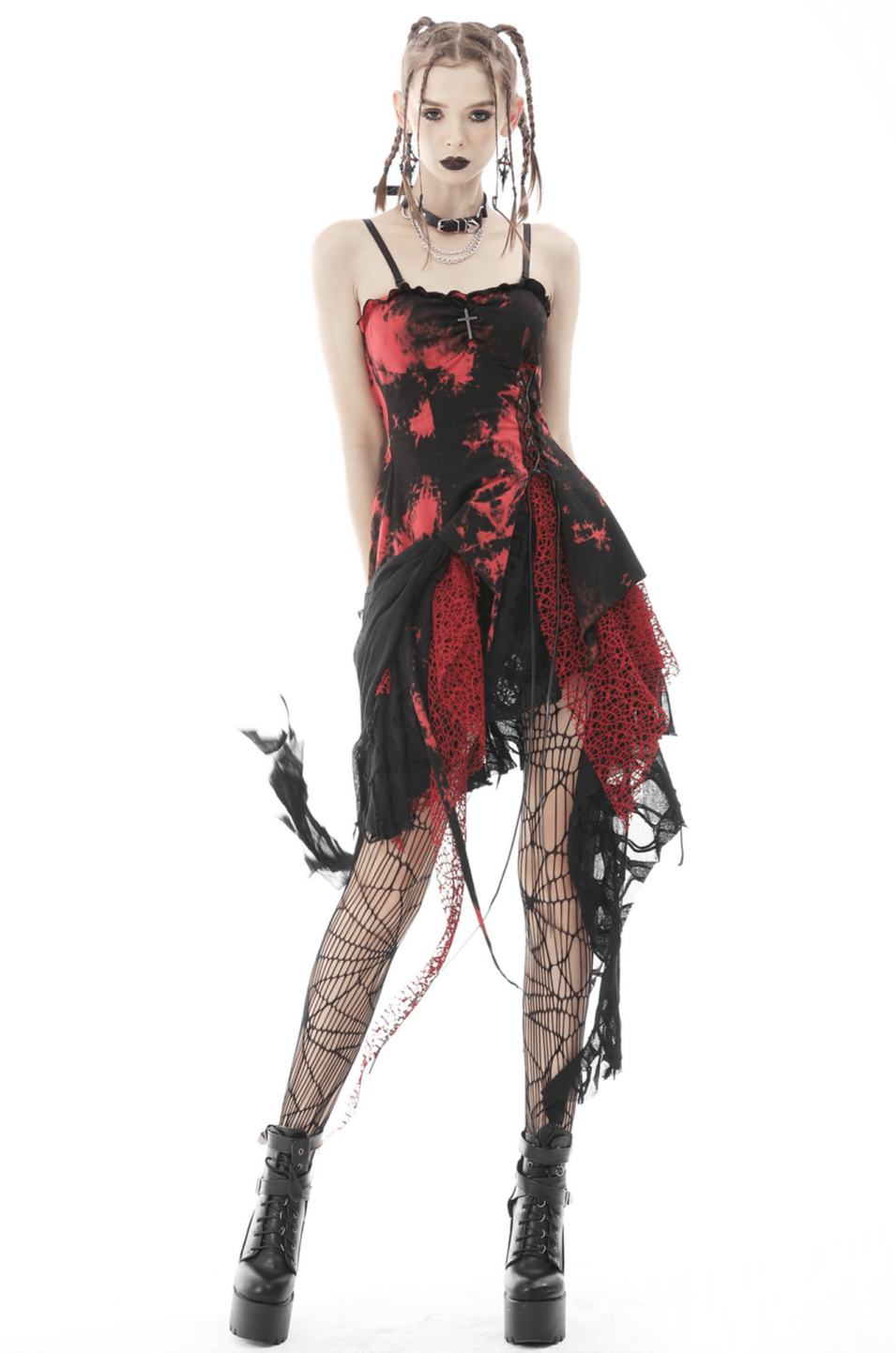 Stylish punk rock dress in red and black with irregular hem, lace, and edgy straps for a rebellious look.
