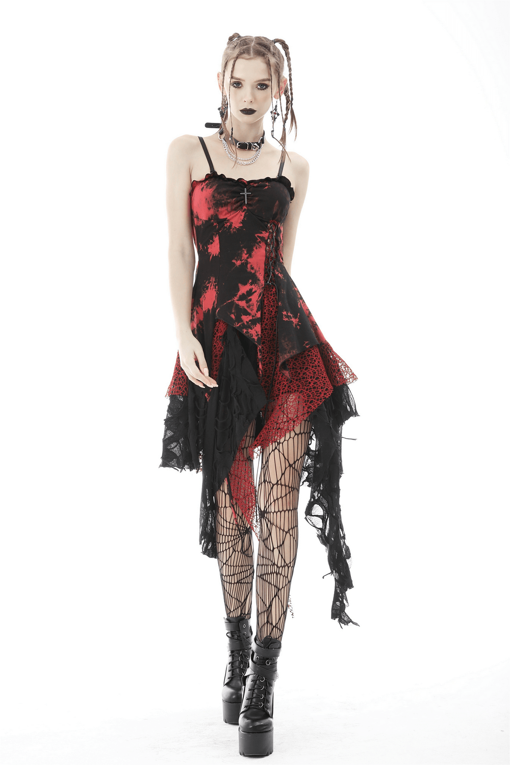 Gothic punk dress in fiery red with irregular hem and edgy straps, perfect for standing out at concerts.