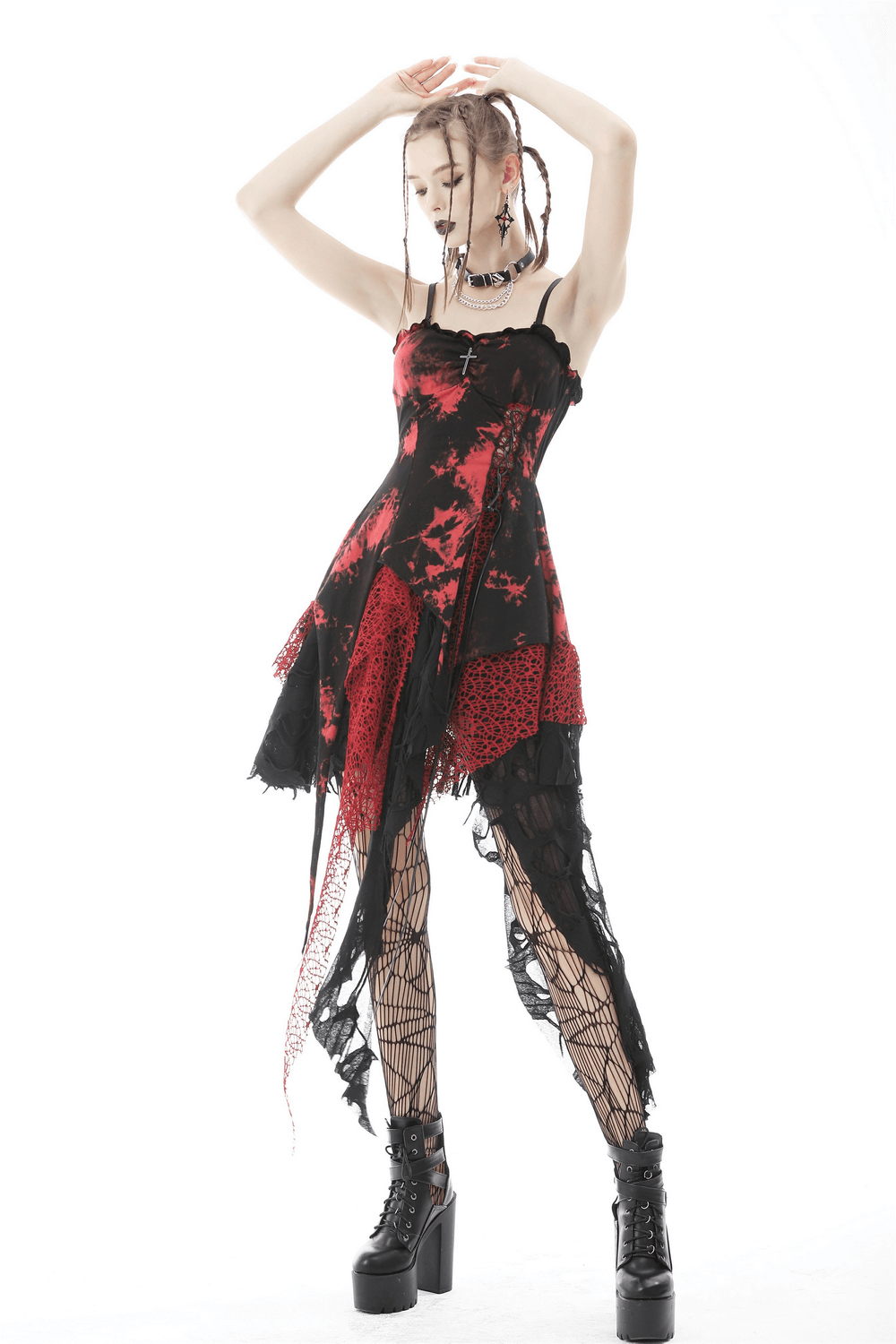 Stylish punk rock dress in fiery red and black, featuring irregular hem and edgy mesh details for a bold statement.