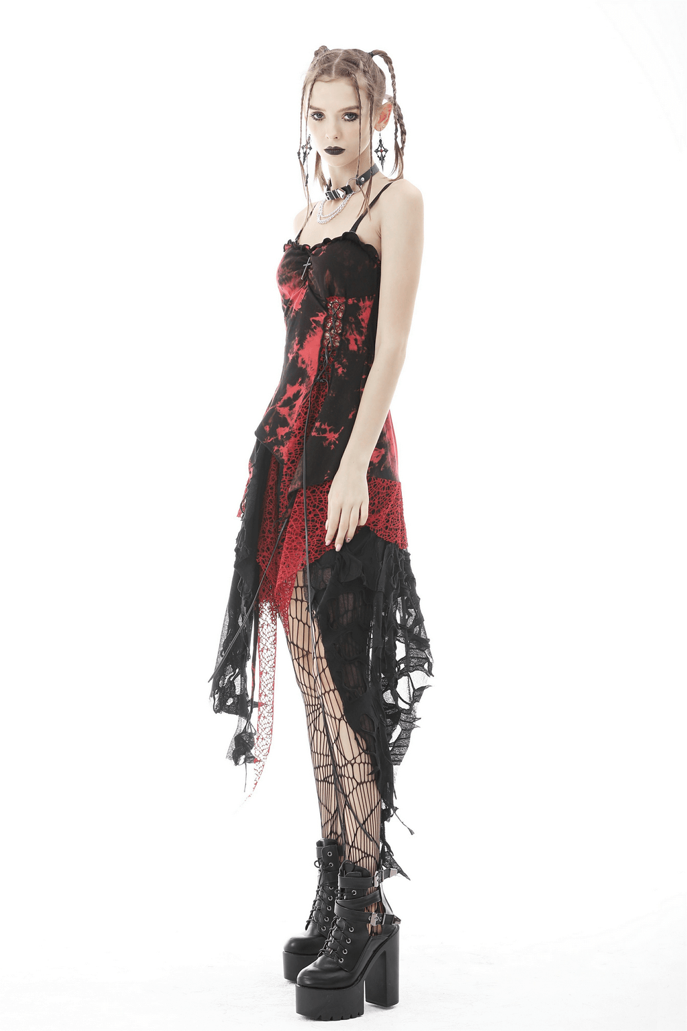 Stylish punk rock dress with irregular hem and edgy red and black design, perfect for concerts and making a statement.