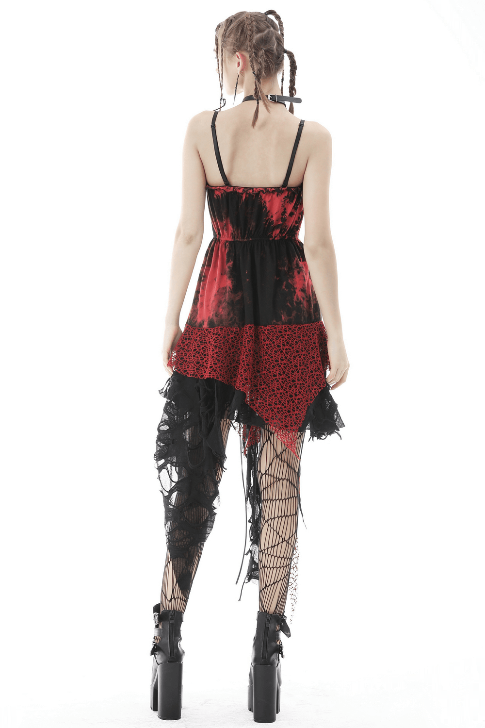 Back view of a stylish punk rock dress with irregular hem and edgy red mesh details.