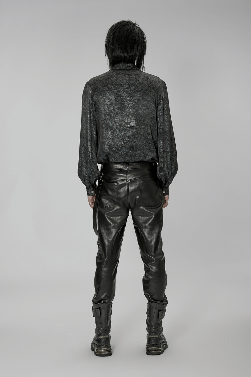 Back view of edgy punk rock outfit featuring faux leather lace-up pants and a stylish long-sleeve shirt.