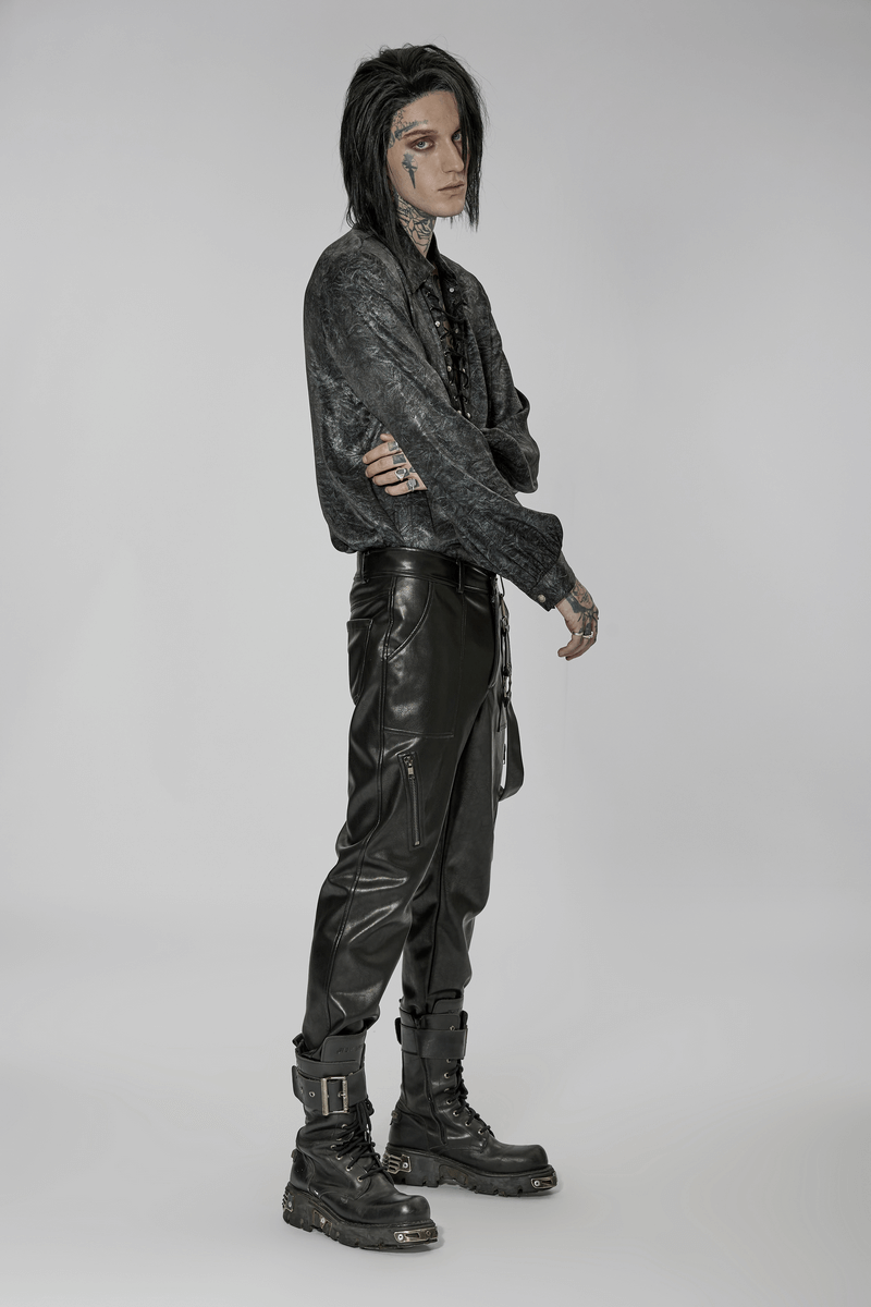 Stylish punk rock outfit featuring faux leather lace-up pants and edgy details, perfect for streetwear fashion.