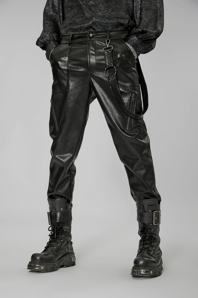 Stylish punk rock faux leather lace-up pants, perfect for edgy streetwear fashion and daily comfort.