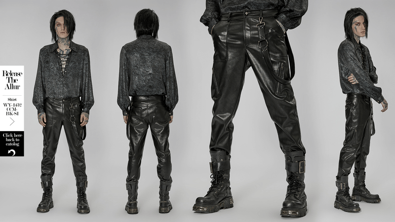 Stylish punk rock faux leather pants with lace-up details for edgy streetwear fashion.