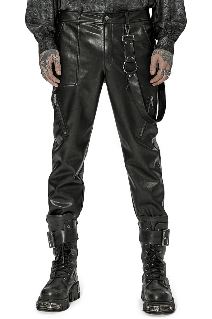 Edgy punk rock faux leather lace-up pants with removable side loop for customizable streetwear style.