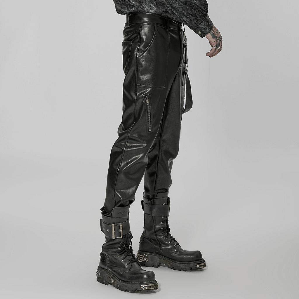 Edgy punk rock faux leather lace-up pants paired with stylish black boots for a bold streetwear look.