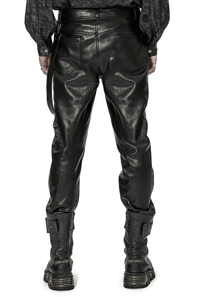 Back view of stylish punk rock faux leather lace-up pants, featuring a sleek design and removable side loop for versatility.
