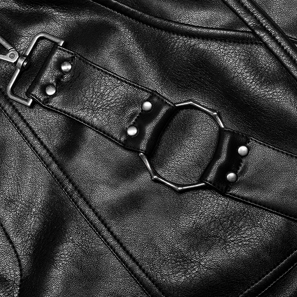 Close-up of stylish punk rock faux leather with a removable side loop detail, perfect for edgy streetwear.
