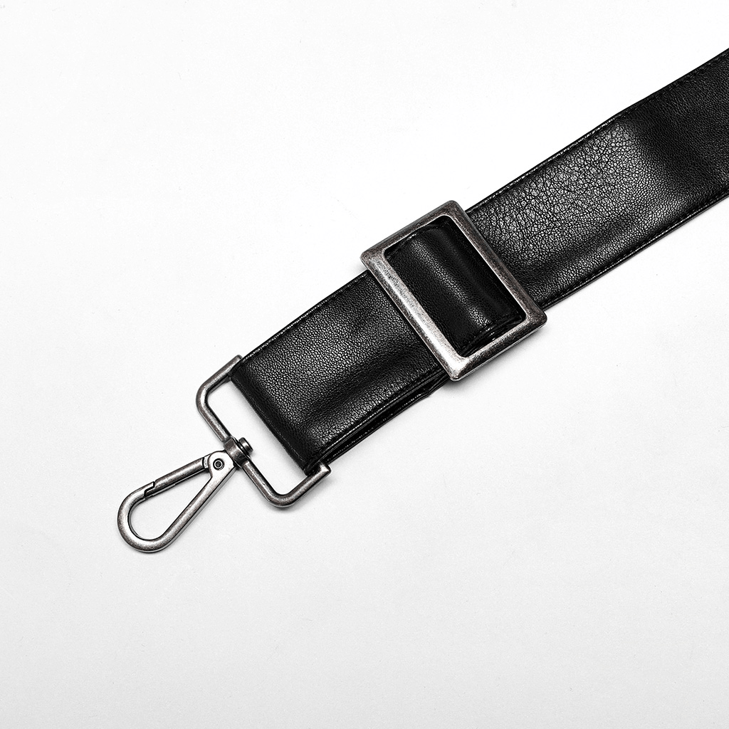 Close-up of a stylish black faux leather belt with silver buckle and clip, perfect accessory for punk rock fashion.